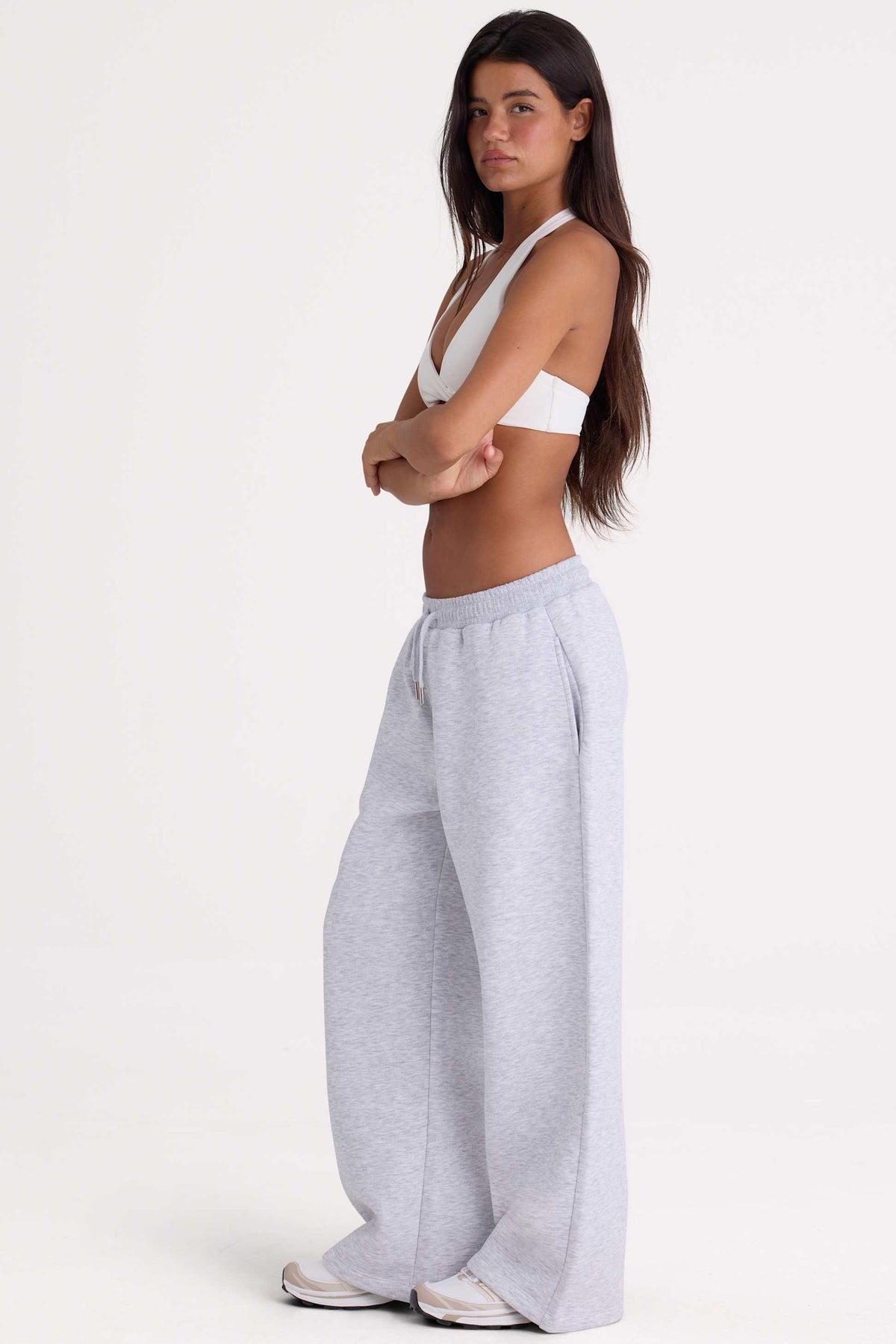 Brushed Jersey Wide-leg Joggers In Grey Marl