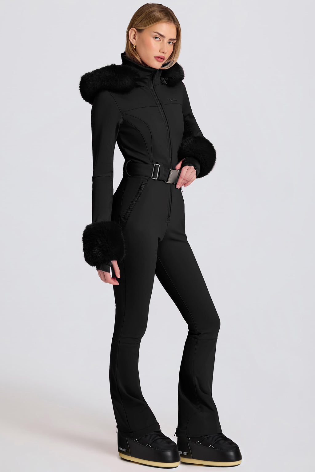 Waterproof Faux-fur Hood Fitted Ski Suit In Black