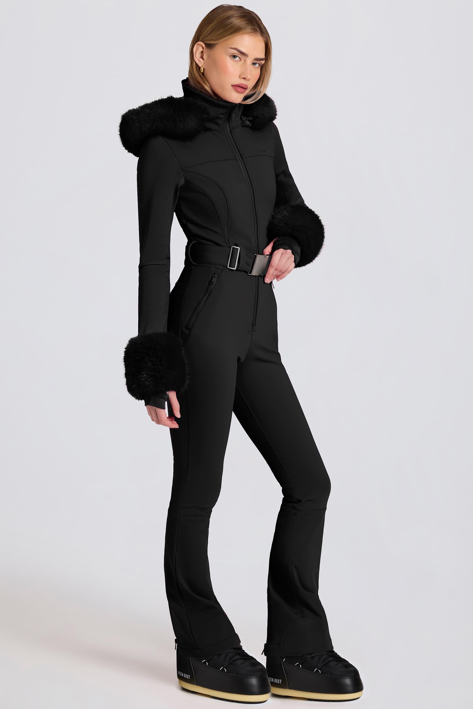 Waterproof Faux-fur Hood Fitted Ski Suit In Black