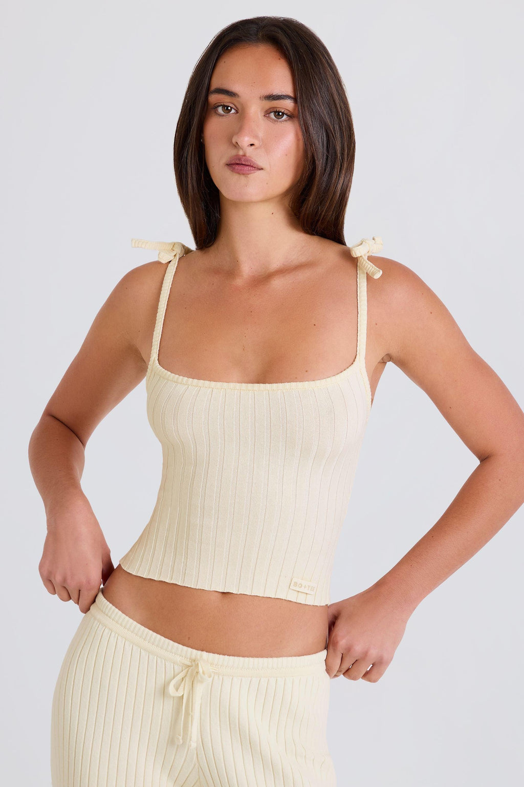 Ribbed Knit Tie Tank Top In Cream