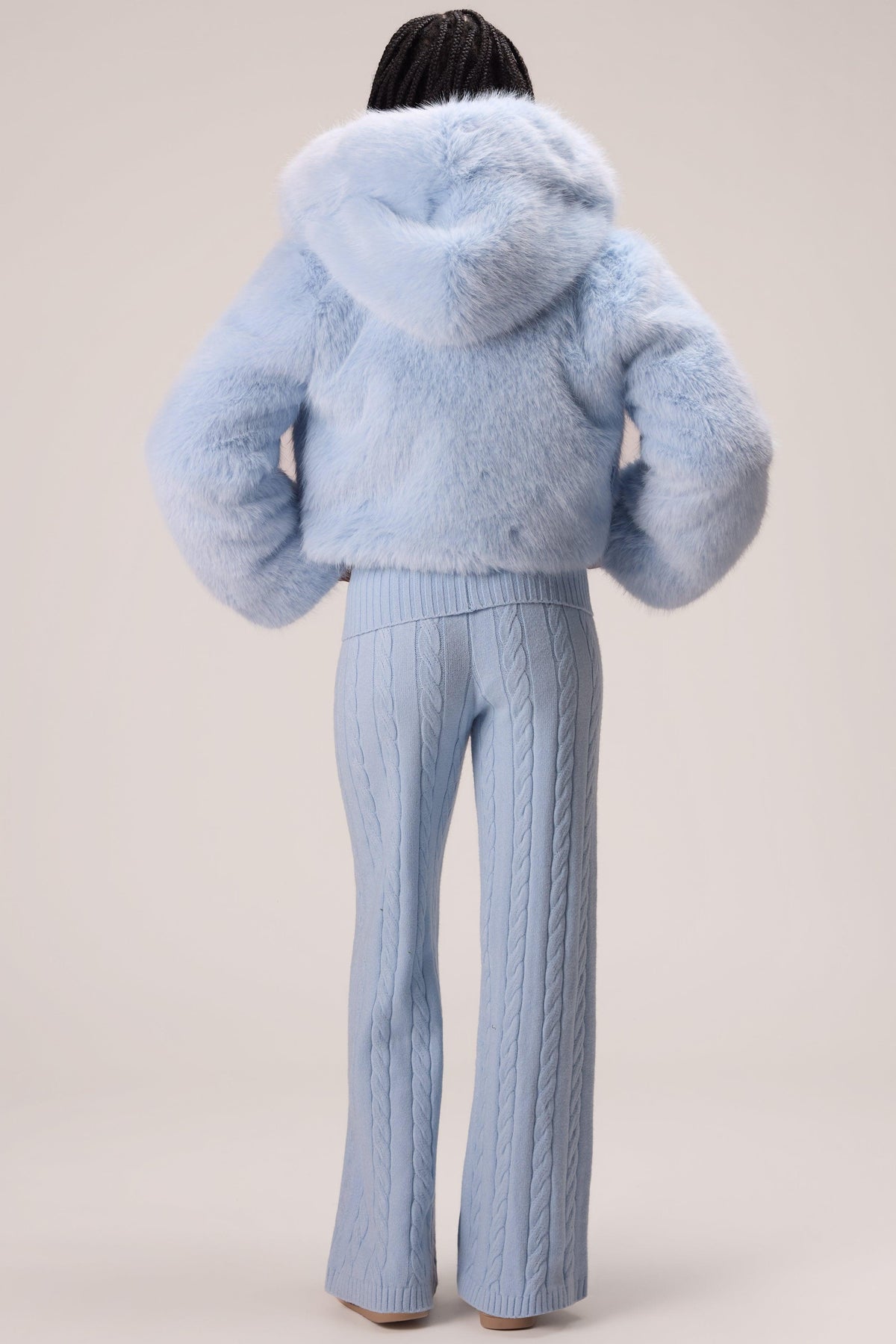 Cropped Hooded Fur Jacket In Powder Blue