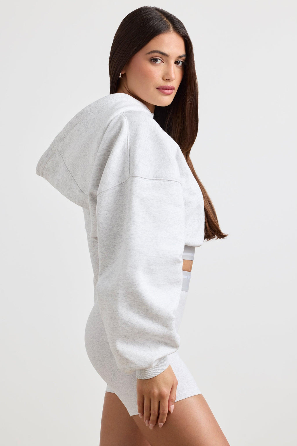 Stretch Cotton Fleece Cropped Hoodie In Grey Marl