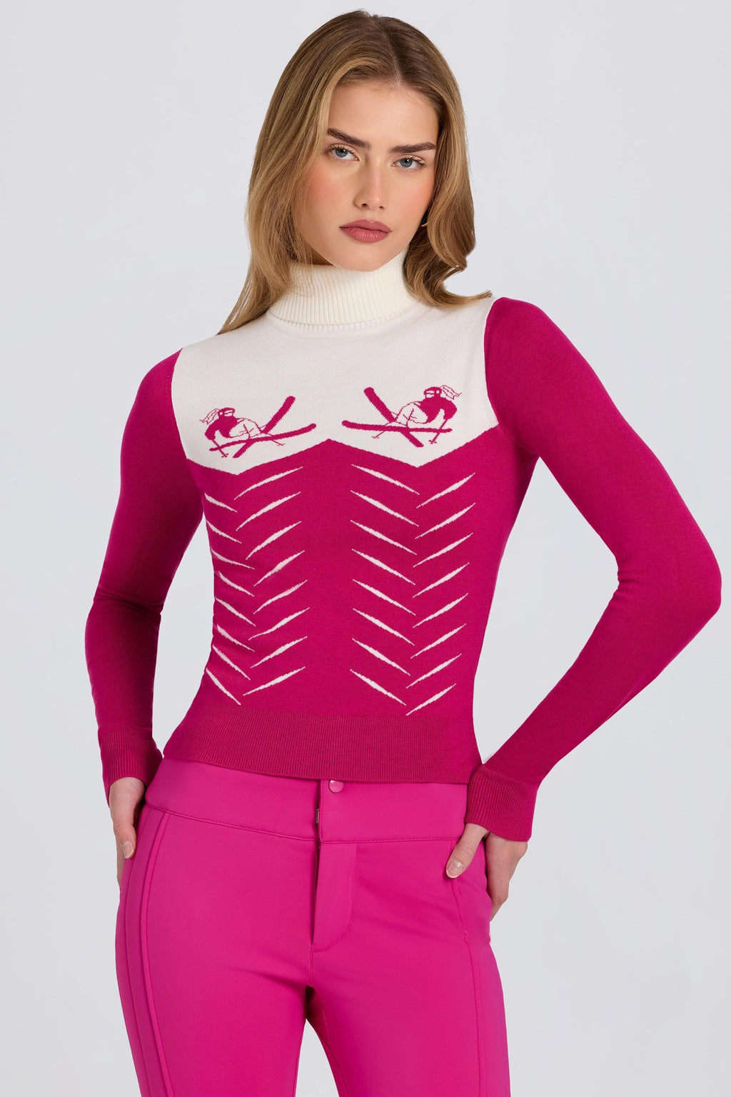 Knit Long-sleeve Fitted Top In Magenta Pink