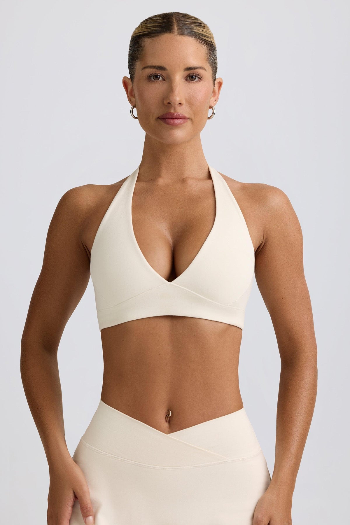 Brushed Jersey V-neck Sports Bra In Vanilla