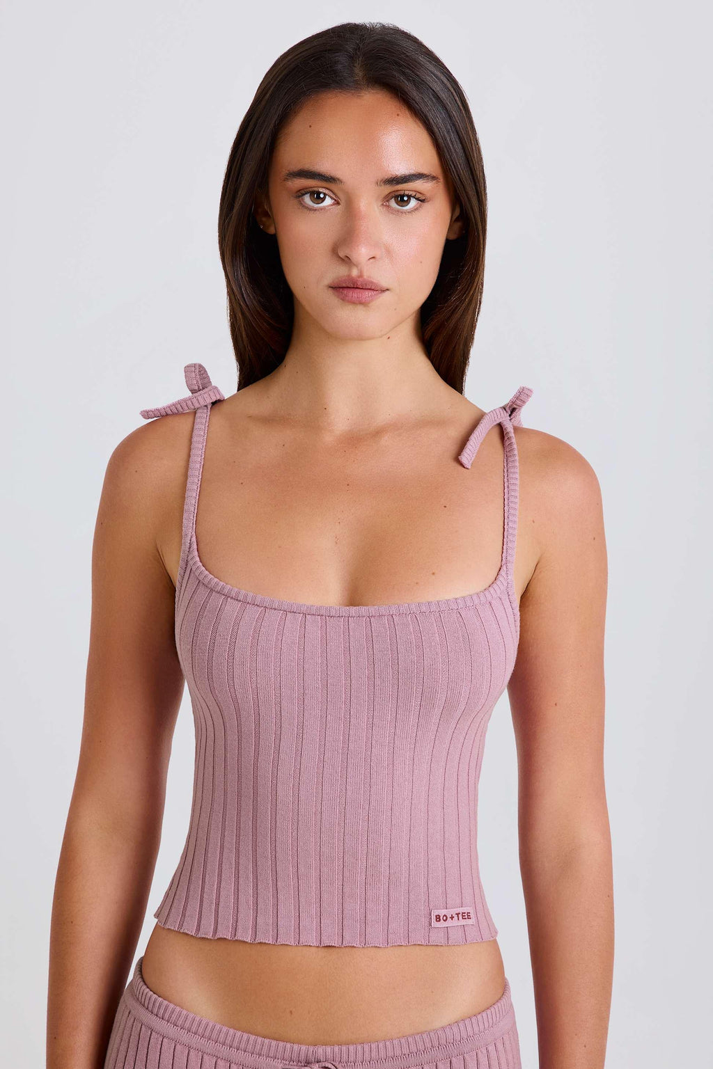 Ribbed Knit Tie Tank Top In Mauve