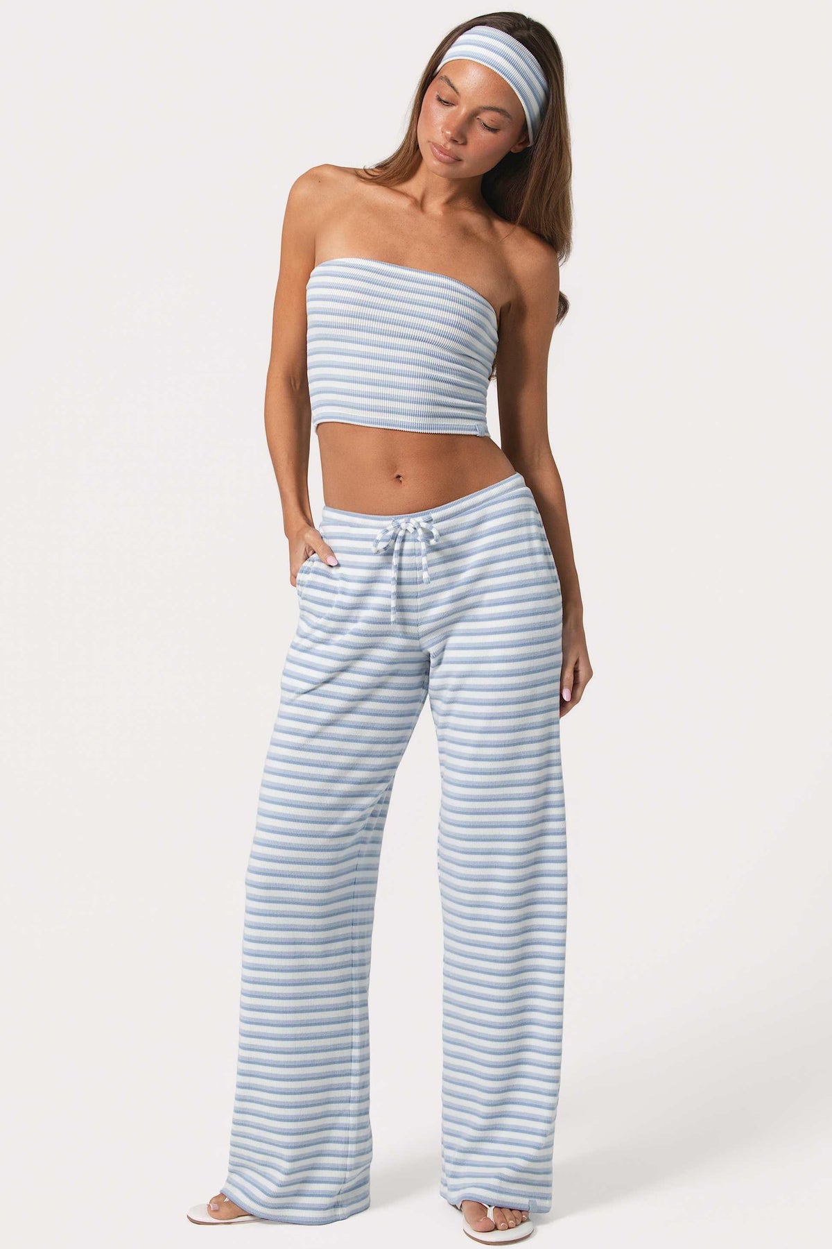 Ribbed Jersey Low-rise Trousers In Blue Stripe
