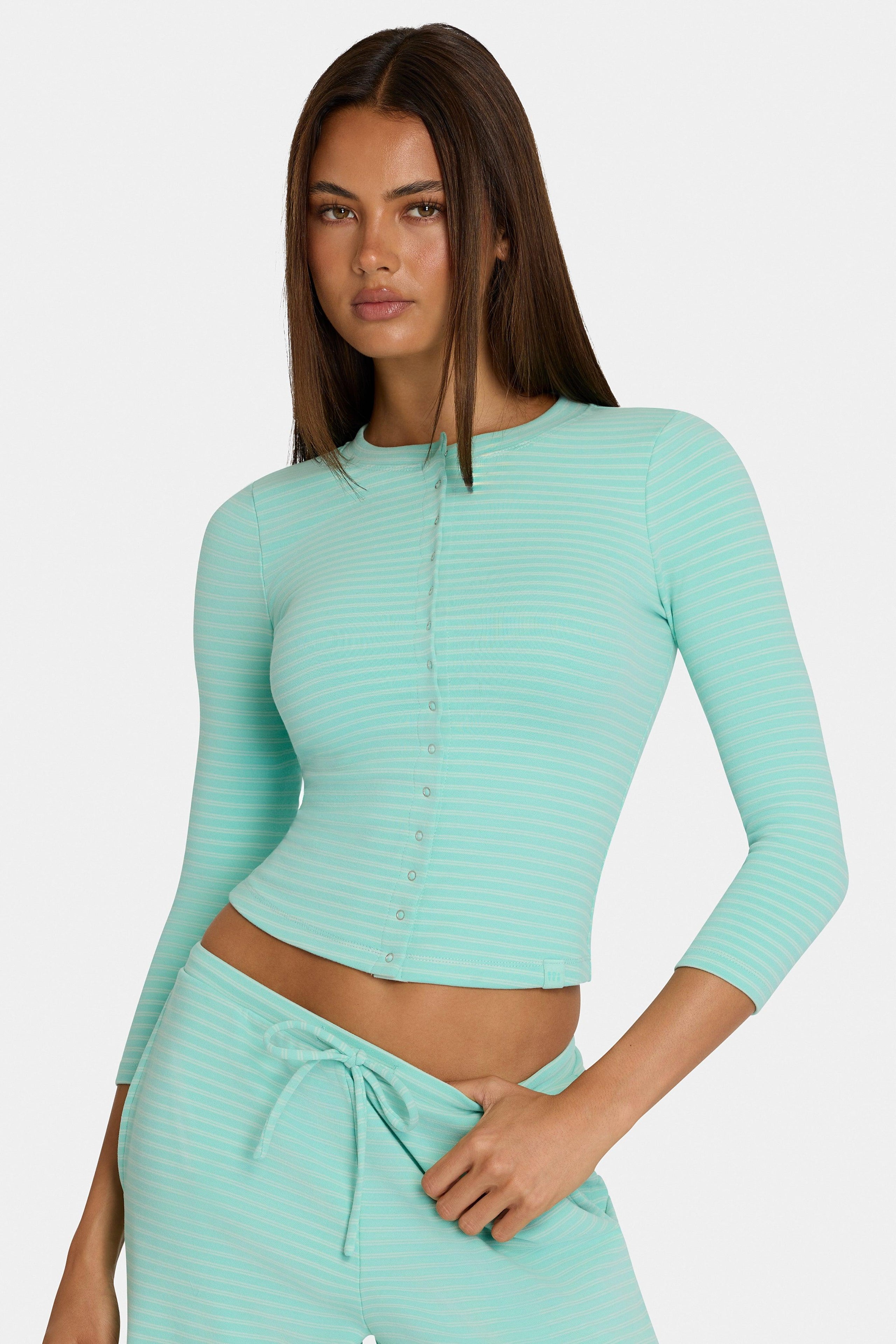 Brushed Jersey Crewneck Cardigan In Aqua Stripe