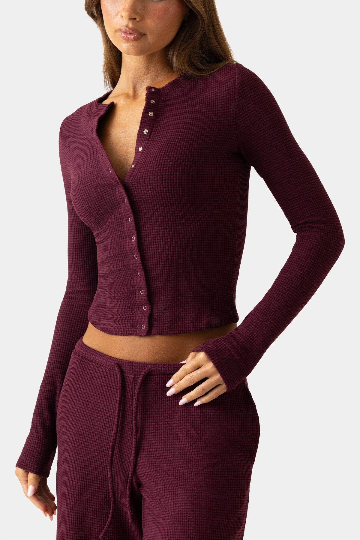 Ribbed Jersey Crewneck Cardigan In Burgundy
