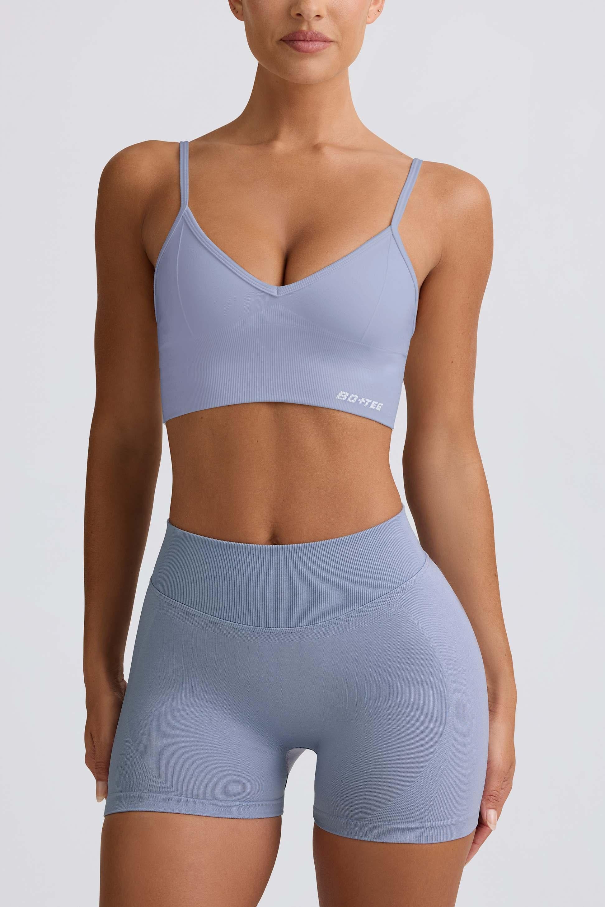 Define Luxe V-neck Sports Bra In Blue Grey