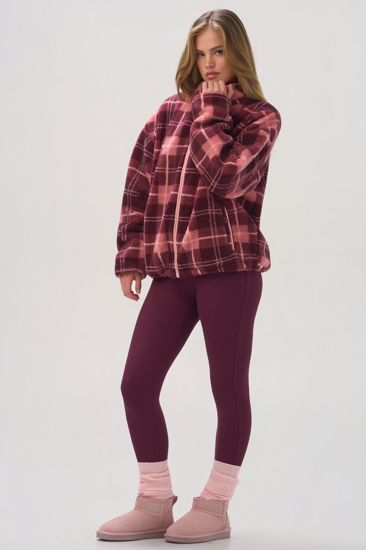 Oversized Zip-up Fleece In Plum Plaid