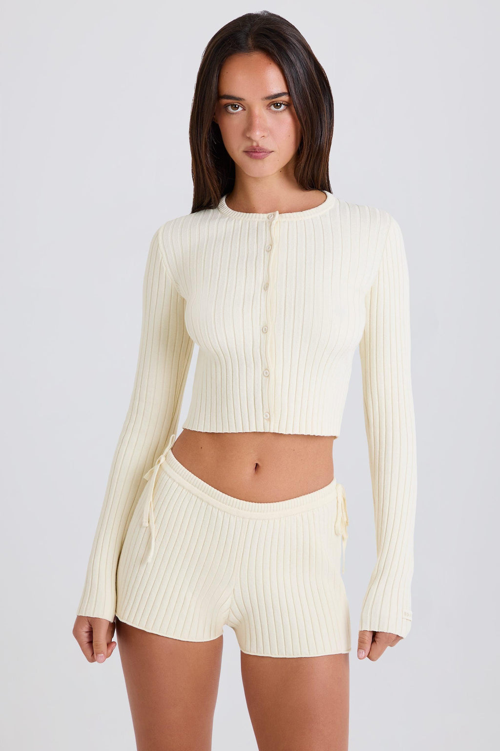 Ribbed Knit Tie Mini Shorts In Cream