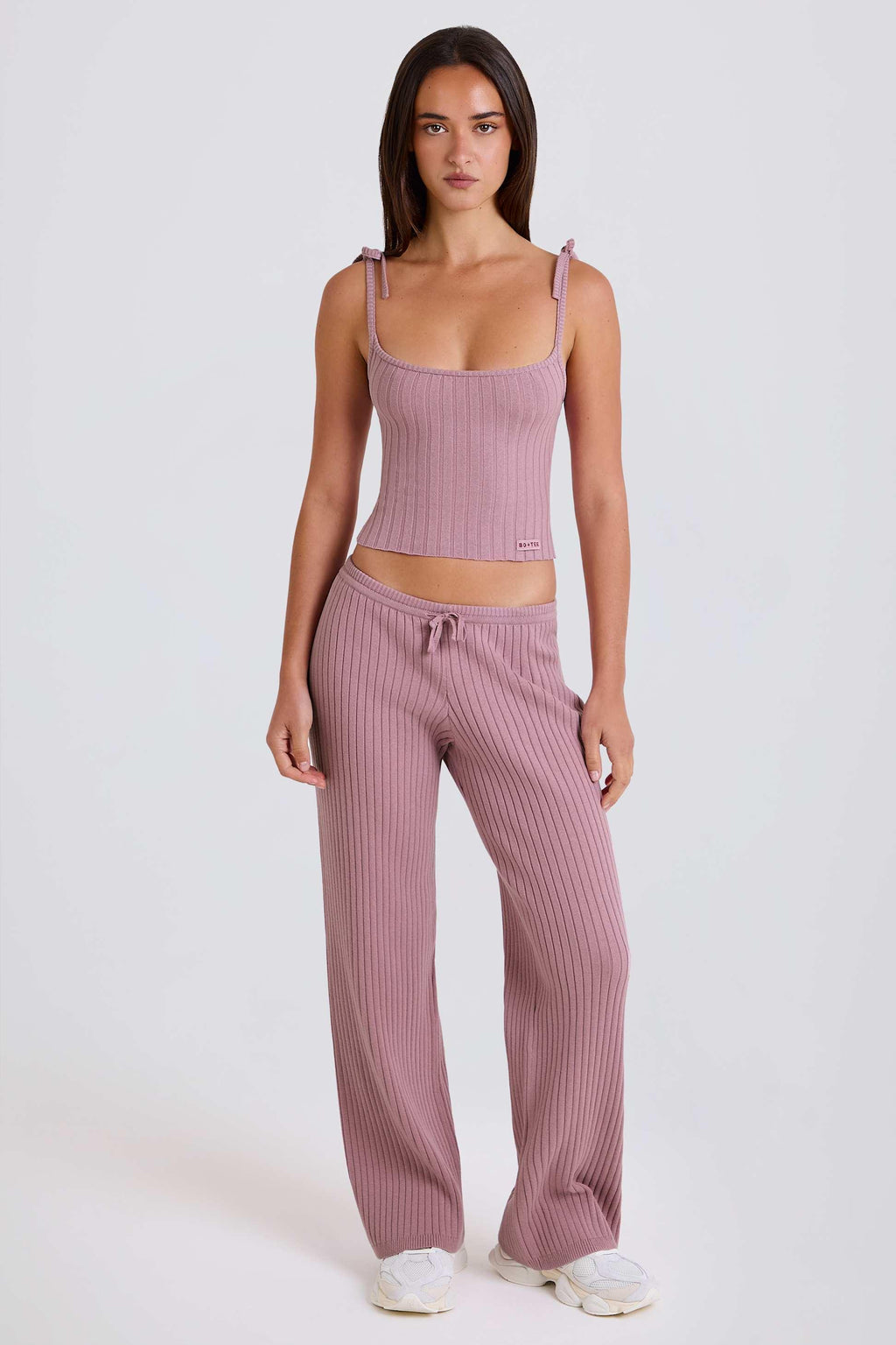 Ribbed Knit Tie Tank Top In Mauve
