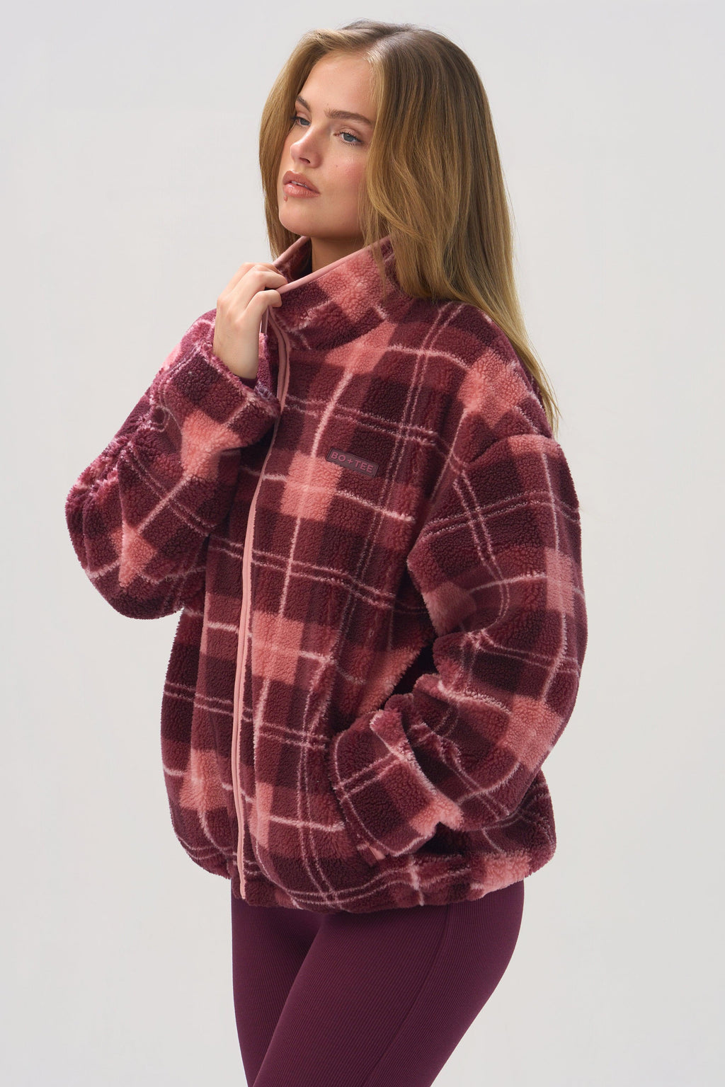 Oversized Zip-up Fleece In Plum Plaid