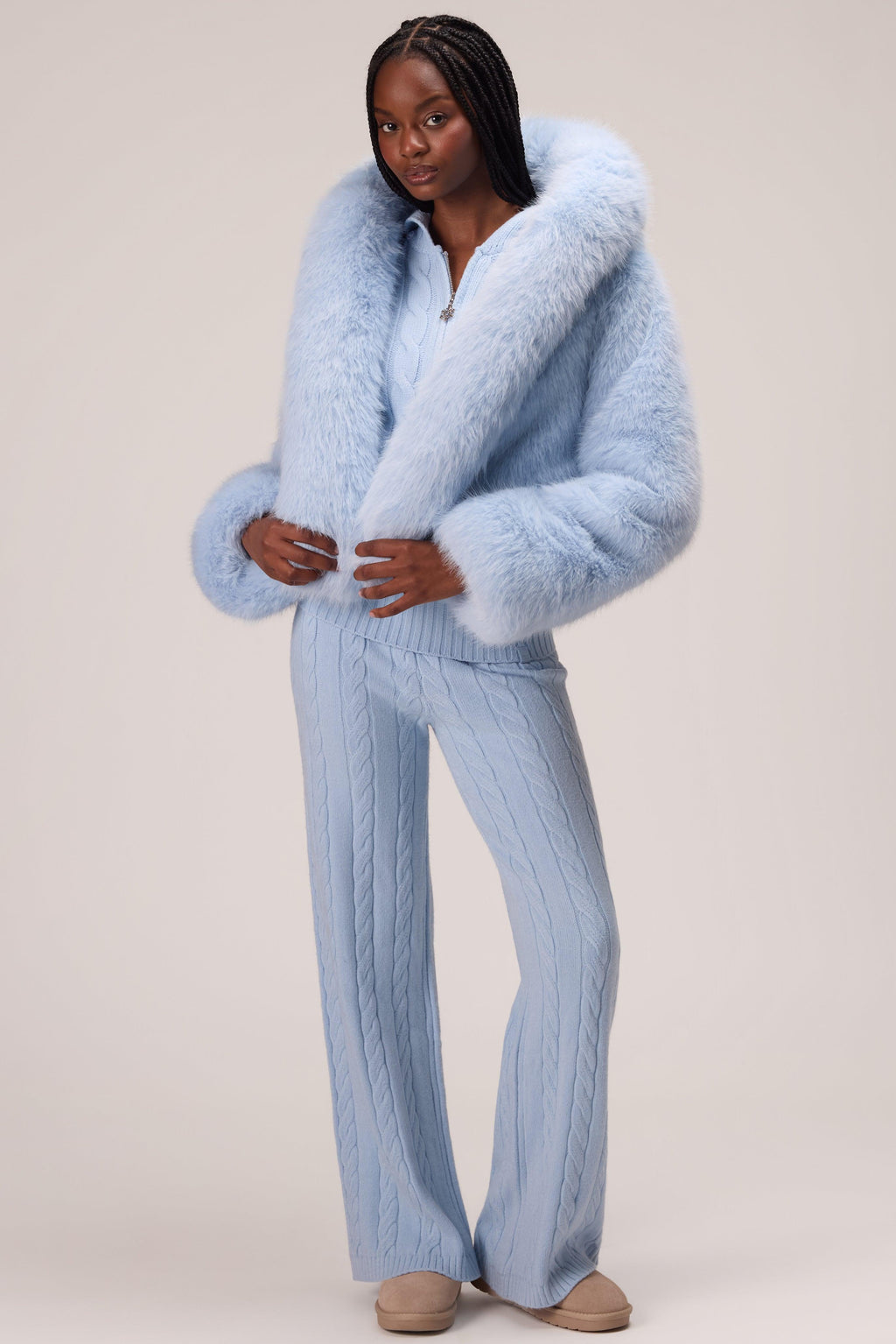 Cropped Hooded Fur Jacket In Powder Blue