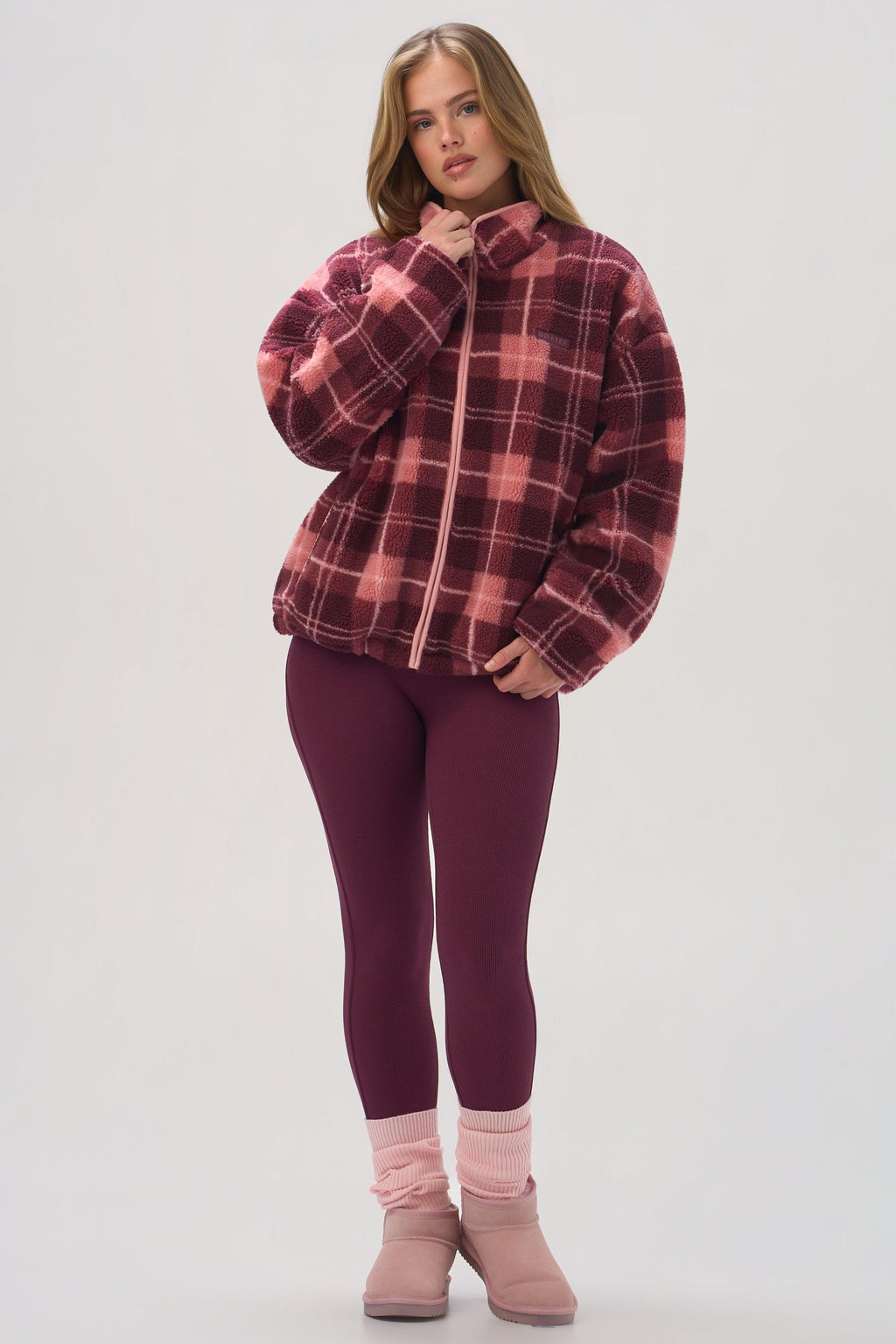 Oversized Zip-up Fleece In Plum Plaid