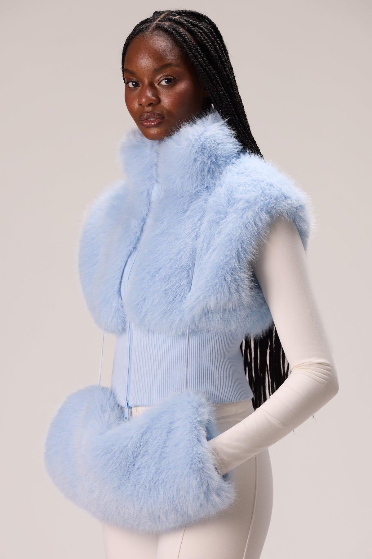 Faux Fur Hand Warmer In Powder Blue